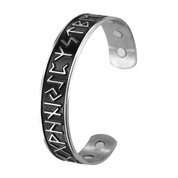 TEAMER Stainless Steel 24 Runes Bracelet Health Care Viking Bangle Antique Silver Black Cuff Bangle for Men