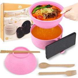 Ramen Cooker, Microwave Ramen Bowl Set with Chopsticks Spoon Ramen Noodle Bowl Instant Cooking for College Dorm Room Essentials, Dishwasher-Safe,  (Black) - Color: Pink