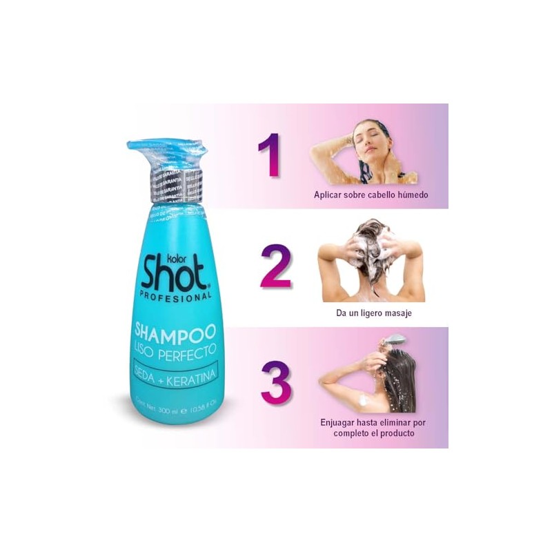 Shampoo Liso Perfecto Kolor Shot con Keratina sin Parabenos, Hidrata