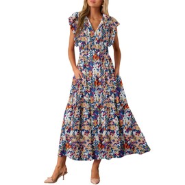 BLENCOT Women's Summer Casual Boho Flowy Maxi Dress Floral Print Tie V Neck Ruffle Short Sleeve Beach Party Dresses with Pockets P1020 M