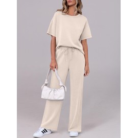 ANRABESS Women's Lounge Sets 2 Piece Outfits Summer Casual Short Sleeve Sweatsuits Matching Tracksuits Wide Leg Pant Set