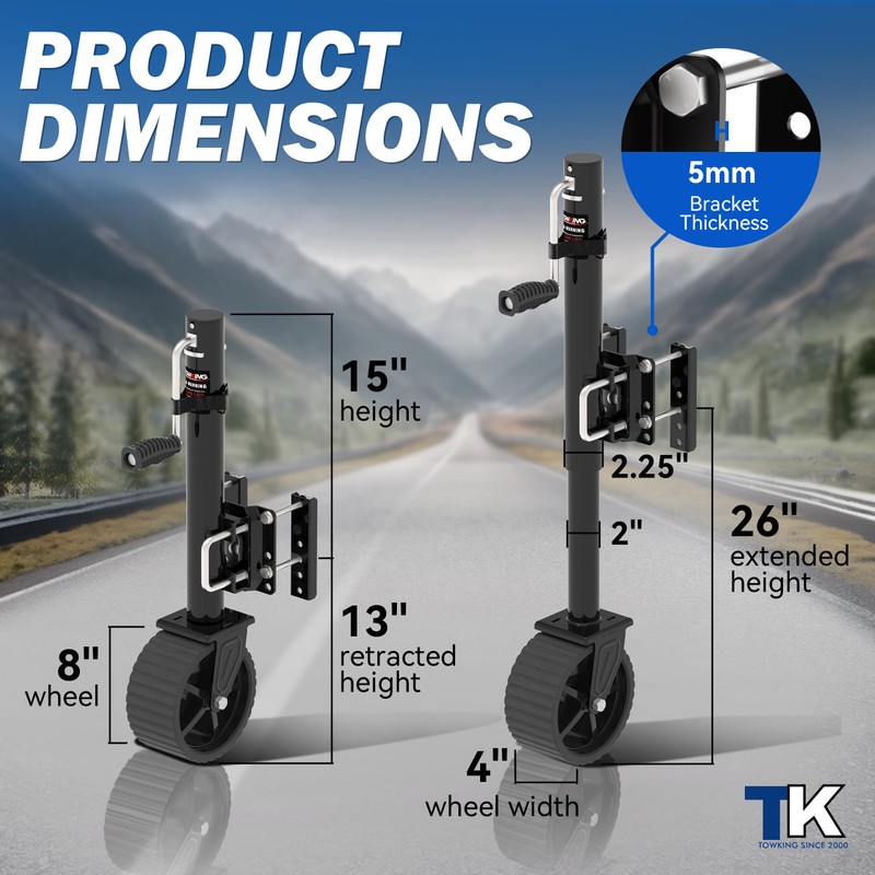 TOWKING 8-inch Wheel Trailer Jack, 13" Vertical Movement, 2000 lbs,