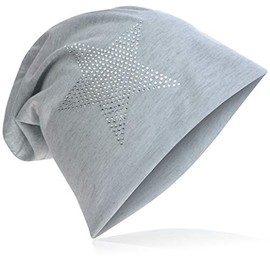 Jersey Slouch Beanie Long Hat Star with Rhinestone Star Appliqué, lightgrey, Unit size