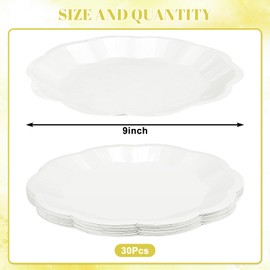 NatNarr 30pcs White Paper Plates, 9inch Scalloped Paper Plates Disposable Dessert Plate White Party Supplies for Wedding Bridal Baby Shower