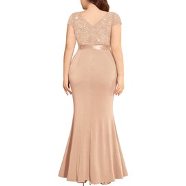 MISSMAY Women's Plus Size Double V Neck Sequin Lace Contrast Ruched Bodycon Mermaid Hem Formal Maxi Dress Champagne