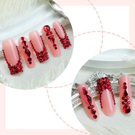 Red Rhinestones Press on Nails Long Square Fake Nails French Tip False Nails Red Gem Glue on Nails Full Cover Artificial Stick on Nails for Women 24 Pcs