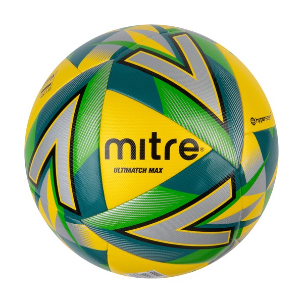 Mitre Ultimatch Max Soccer Ball, Yellow/Silver/Pitch Green, Size 4