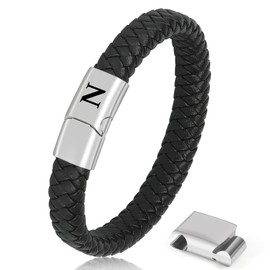 Aospkle Initial Letter Leather Bracelet for Men, Black Alphabet Leather Bracelet with Clasp, Jewelry Gifts for Dad Husband Brother Boyfriend Son Grandpa N
