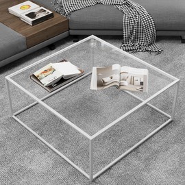 ​​​​​​​​​​​​Glass Coffee Table Square Coffee Table for Small Space,Modern Minimalist Center Table for Living Room Home Office,Tempered Glass-top with Sturdy Metal Frame,Easy Assembly,27 x 27In, White