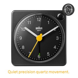 Braun Classic Travel Analogue Alarm Clock with Snooze and Light, Compact Size, Quiet Quartz Movement, Crescendo Beep Alarm in Black, Model BC02XB.