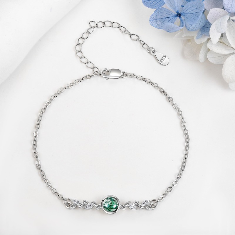 HUKKUN Moss Agate Bracelet Sterling Silver Leaf Bracelet Moss Agate