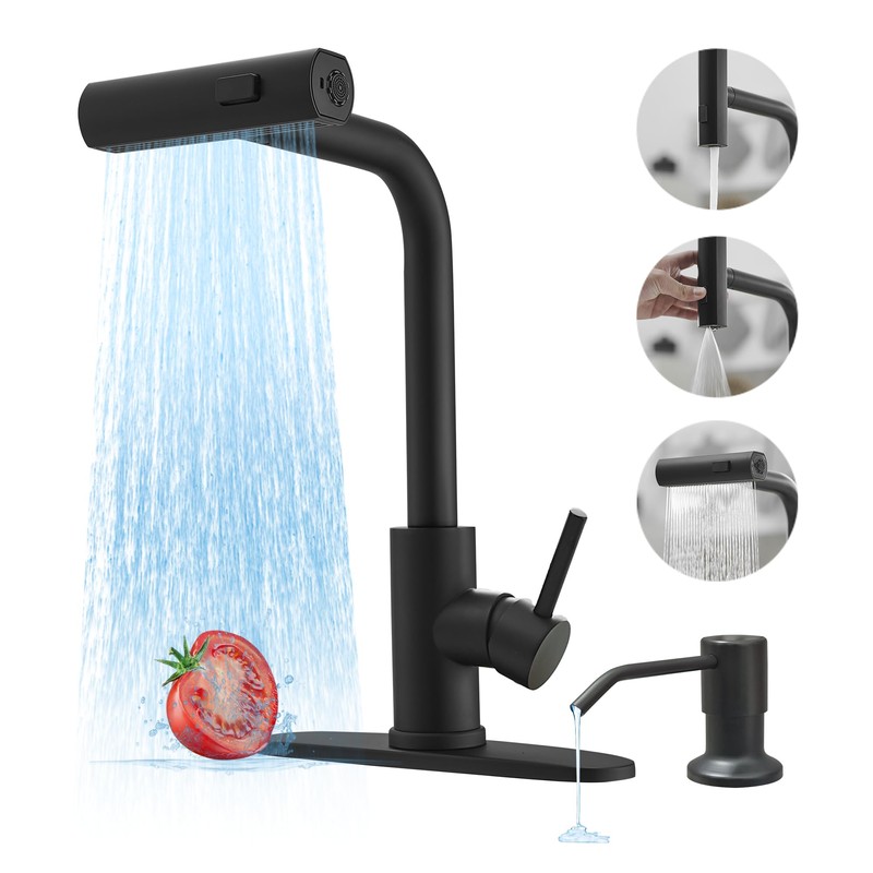 Black Kitchen Faucets with Pull Down Sprayer,Waterfall Kitchen Sink Faucet