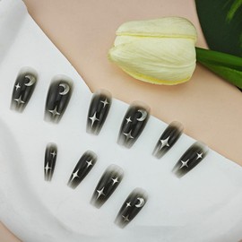 Nudurom Press on Nails Medium Moon and Stars,Coffin False Nails Glossy Fake Nails with Stars Moon Designs,Acrylic Nails Black Full Cover Stick on Nails,Patriotic Glue on Nails for Women Girls…