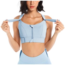 SEAUR Sports Bra, Fixed Chest Padding, Front Zip, Women's Bra with Adjustable/Not Adjustable Straps, Training Bustier for Running, Yoga, (Style 1, Adjustable) Blue