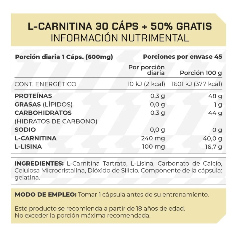 Suplemento L-carnitina (30 Cps) 50 Extra - Prowinner Sin Sabor