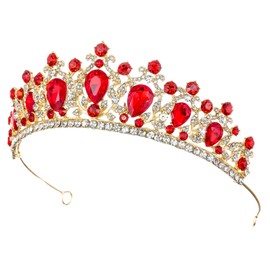 Samky Gold Wedding Bridal Crown Red Rhinestone Crystal tiara Headpiece Bride's Hair Accessorie
