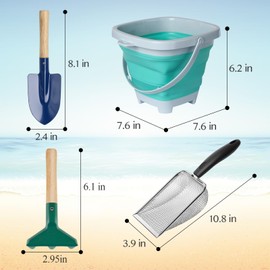 LIDAGO 5 Pcs Sand Toys Beach Set Include 2 Metal Shovels,1 Foldable Beach Bucket & 1 Sand Sifter with 1 Mesh Beach Bag for Shells Collecting