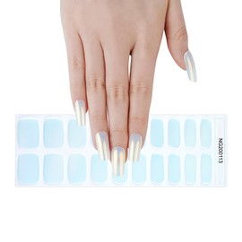 WOKOTO 20 Pcs Pearlescent Blue Semi Cured Gel Nail Strips With Nail File & Wooden Stick Aurora Holographic Nail Gel Strips UV Light Gel Nail Stickers Full Nail Wraps Stick On Nails Color Strips