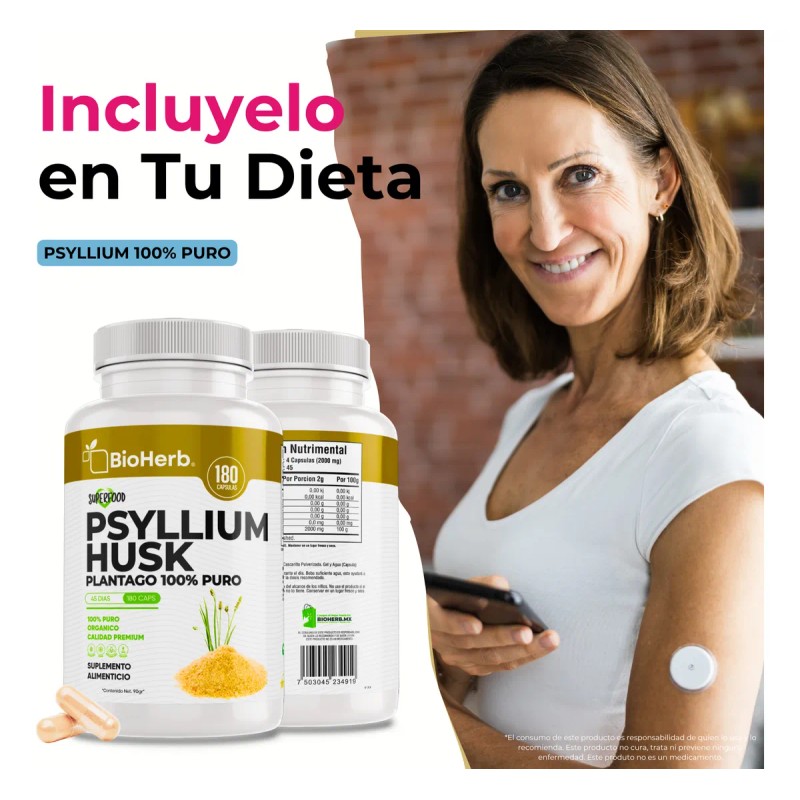 Psyllium Husk Fibra Altamente Soluble 180 Capsulas Bioherb Sin Sabor