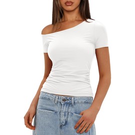 Darong Women Off One Shoulder Fitted T Shirts Double Lined Basic Short Sleeve Tops 9082 White S