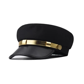 VASANA Black Chauffeur Hat Classic Vintage Newsboy Cap with Gold Buckle Belt Peaked Beret Cap Taxi Driver Costumes Hat Captain Sailor Hat for Unisex Daily Wear