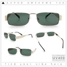 SA106 Mens Narrow Rectangle Metal Rim Retro Hustler Sunglasses Gold - Green