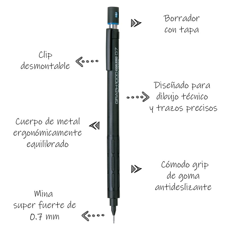 Lapicero Profesional Graphgear de Pentel Cuerpo Negro/Plata 0.7 mm-PG1007