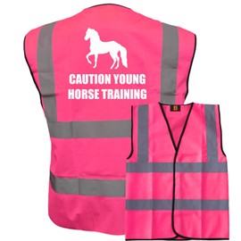 Bright Pink High Visibility Vest with White Text CAUTION YOUNG HORSE TRAINING WITH IMAGE - HORSE RIDING By Brook Hi Vis Medium