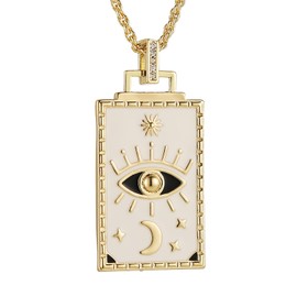 HZMAN Evil Eye Necklace for Women Retro Enamel 18K Gold Plated Square Medal Necklace Star Moon Sun Tarot Pendant Jewelry Gift (White)