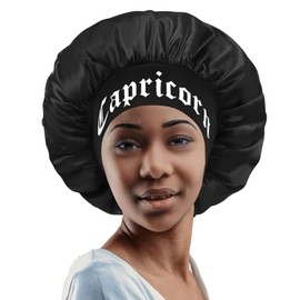 AllMatchWigs Constellation Print Satin Sleep Bonnet, Soft Comfortable Sleeping Bonnet, Make Up Washing Face Daily Use,Shower Cap for Women (Capricorn(12.22-1.19)) Black
