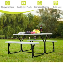 HOMGX Picnic Table, Outdoor Table Bench Set with Metal Frame & Wood-Like Texture, Large Picnic Table with All Weather-Resistant Tabletop, Camping Picnic Tables for Patio, Lawn, Dining Party