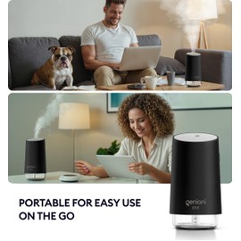 GENIANI Portable Small Cool Mist Humidifier – USB Powered (Not Rechargeable), Compact Desktop Humidifier for Plants, Office, Baby Room – Auto Shut Off & Night Light – Black, 0.25L