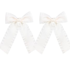 2PCS Hair Bows for Women Girls 4in Off White Tassel Hair Ribbon Bowknot Hair Clips Barrettes Hair Accessories for Teens Toddler Girls Kids with Long Tail