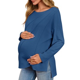Tankaneo Womens Maternity Shirts Casual Crew Neck Long Sleeve Side Split Pregnancy Clothes Loose Fit Tunic Tops Navy