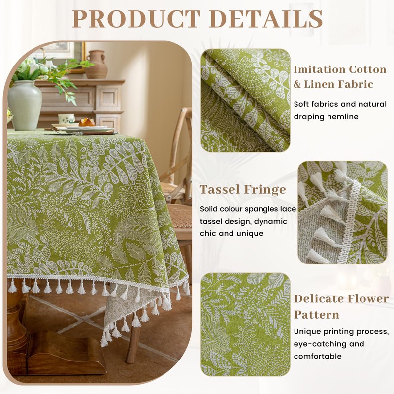 Rakila Rectangle Vintage Cotton Linen Tablecloth with Stitching Tassels Washable
