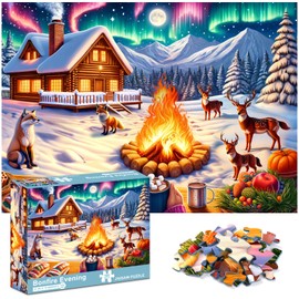 crowm Jigsaw Puzzles for Adults 1000 Pieces, Winter's Night Bonfire Families Puzzle, Challenging Aurora Puzzle Christmas Perfect for Game Nights Animal Snowy Foxes Deer Large Puzzles