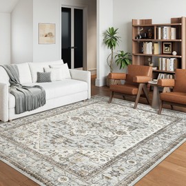 befbee Washable Area Rug 5x7, Area Rugs Stain Resistant Neutral Washable Rugs for Living Room Bedroom Vintage Non-Slip Thin Large Size Area Rug（Light Blue＆Beige）