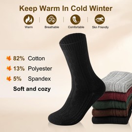 Caudblor 5 Pack Cotton Crew Sock For Women, Thick Warm Boots Socks For Winter Cold Weather, Vintage Cable Knit Socks Size 5-10, Black Grey Brown Green Red Colorful Indoor House Warm Dress Socks