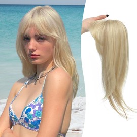 PANEWAY Hair Topper with Bangs Hair Clip 360°Cover Clip in Bangs Hair Toppers for Women Champagne Blonde Air Bangs Hairpieces for Women Fake Bangs for Daily Wear