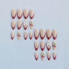 Almond Press on Nails Medium Cute French Tip Fake Nails Press ons Full Cover White Bow False Nails with Cherry Designs Red Acrylic Nails Press on Manicure Artificial Nails for Women and Girls 24Pcs