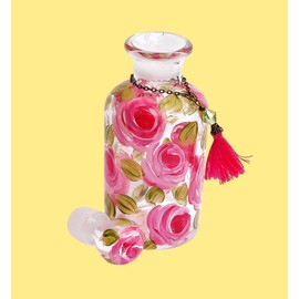 Vintage Style Decorative Small Glass Perfume Apothecary Bottle with Stopper Cap with Hand Painted Pink Roses Shabby Chic Bedroom Vanity Accessories Unique Little Gift for Women