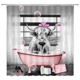 Funny Highland Cow Shower Curtain Get Naked Fashion Cute Animal Bathtub Bubble High Heel Bag Farmhouse Bathroom Decor Fabric Curtains with Hook 70Wx70H Inches