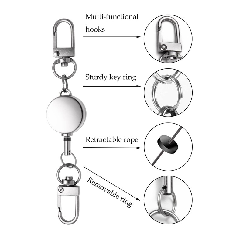 3 Pack Retractable Key Chain Key Ring, Zinc Alloy Metal