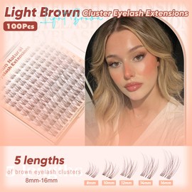 Brown Lash Clusters Natural Eyelash Clusters Wispy Individual Lash Extensions Brown Eyelash Extensions with Clear Bands Short DIY Eyelash Extensions at Home 100Pcs 8mm-16mm