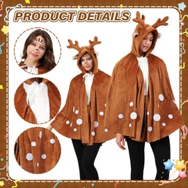 OUMDON OUMDON Rentier Karneval Kostüm Damen: Braunes Elch Cape mit Glitzer Gesichtstattoo - Reh Damen Kostüm für Karneval Fasching und Weihnachtsfeiern (Reh Cape)