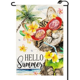 Hello Summer Cat Floral Garden Flag 12x18 Inch Vertical Double Sided Seasonal Welcome Small Flags Farmhouse Outside Decoration For Yard (ONLY FLAG) XJ72
