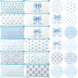 24 Pcs Coquette Bow Party Favors 12 Canvas Makeup Bags 12 Coquette Aesthetic Compact Mirror Zipper Pouch Round Pocket Mirrors for Women Guests Quinceanera Party Favors (Blue,Elegant Style)