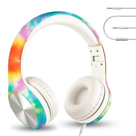 LilGadgets Connect+ Pro - Auriculares con cable para niños, para la escuela con micrófono, limitación de volumen para la oreja con cable, tecnología SharePort y acolchado SoftTouch, teñido anudado