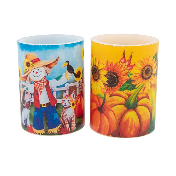 Happy Fall Decorative Flameless 4-Inch Pillar Candles, Set of 2
