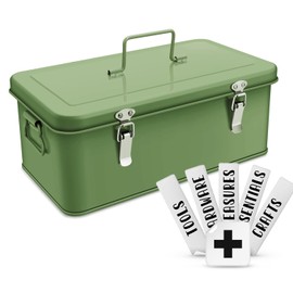 Flexzion Multipurpose Metal Storage Box - Metal Box with Lid, Handles, and Dual Latches for Medical and Tool Storage - 4 Compartments with Safety Lock, Green